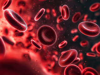 Vibrant image of blood cells flowing in dynamic environment, showcasing their rich red color and intricate details. This captivating visual highlights essential role of blood in human body