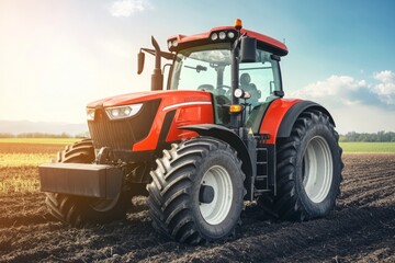A tractor diligently plowing a field under a clear blue sky, showcasing the beauty of agricultural life. The bright daylight highlights the rich soil being turned