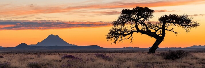  A solitary tree stands in the open field, framed by a mountainous backdrop