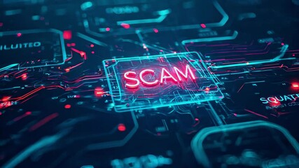 Scam Alert, virtual reality, circuit blue board.