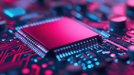 A close-up view of a modern microchip on a colorful circuit board, showcasing intricate designs and vibrant electronic components.