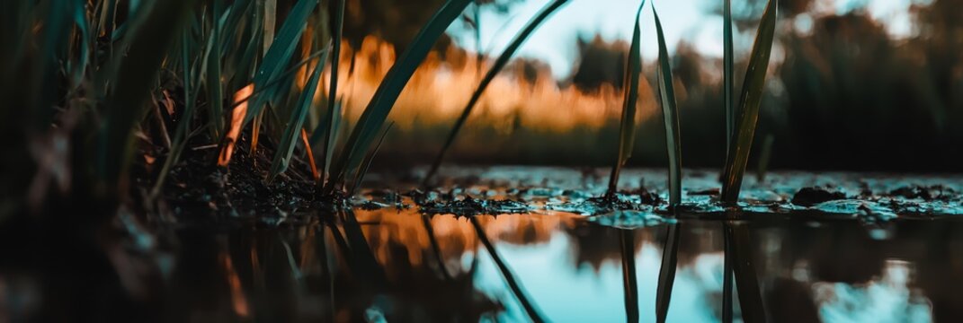 water body dotted with emergent grasses, sky painted blue with scattering clouds