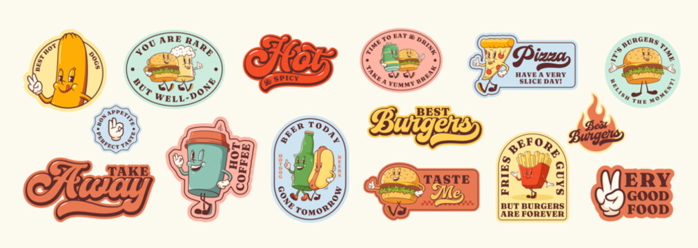Groovy Burger Retro Character Stickers Set. Cartoon Hamburger, Pizza, Coffee, Hot Dog and Beer Smiling. Vector Street Food Mascot Templates Patches Collection. Vintage Fast Food Illustrations Isolated