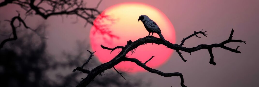  Bird on tree branch before red sunball skyback