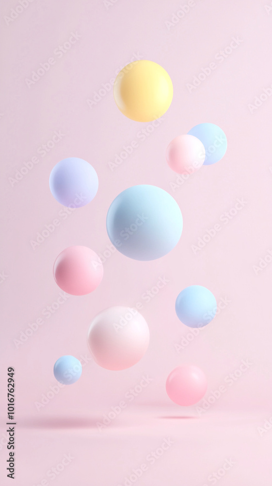 Poster floating pastel spheres create whimsical and serene atmosphere in this soft pink space. gentle color