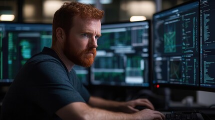 Fototapeta premium A focused man working at multiple computer screens, analyzing data and coding in a high-tech environment.