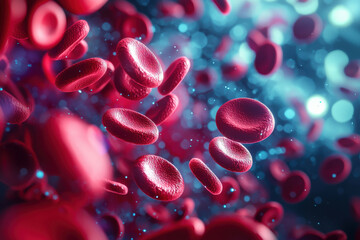 Microscopic close up of red blood cells floating in vibrant, colorful background. image captures intricate details and movement of these essential cells, evoking sense of life and vitality