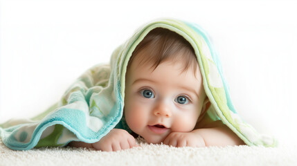 A cute baby lying on the carpet, looking at the camera. covered with a blanket.