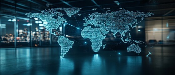 Double exposure of abstract digital world map hologram on empty room interior background, big data and blockchain concept