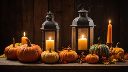 Obraz premium Arrangement of pumpkins and candles creates a cozy autumn display with warm lighting and seasonal decor.
