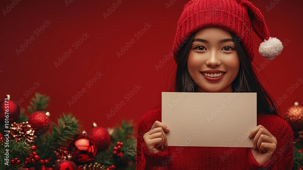 Aufkleber isolated on red color background with side space for letters a woman with a friendly expression hold