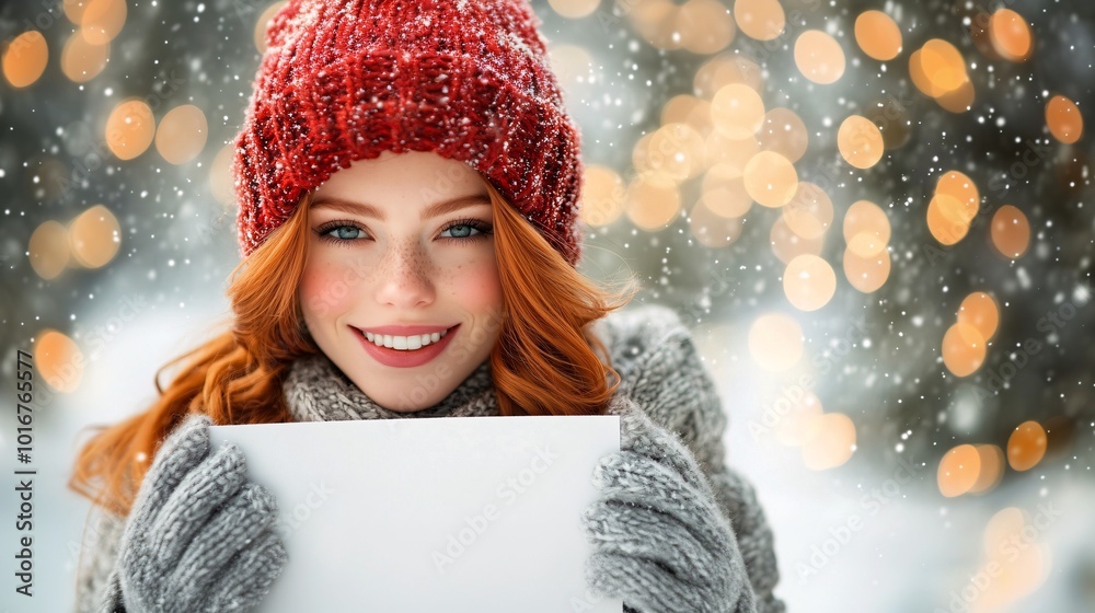 Aufkleber photorealistic with side space for letters a woman holding a blank white sign against a background o