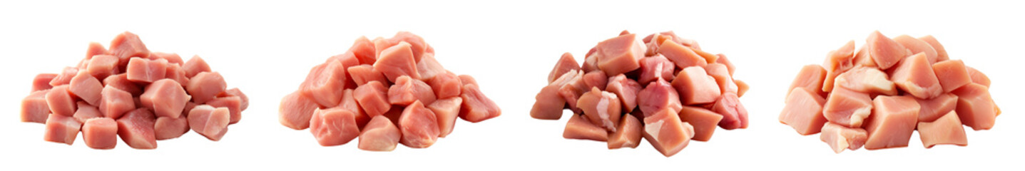 Set of fresh raw chicken meat piles isolated on transparent background, Cutout png