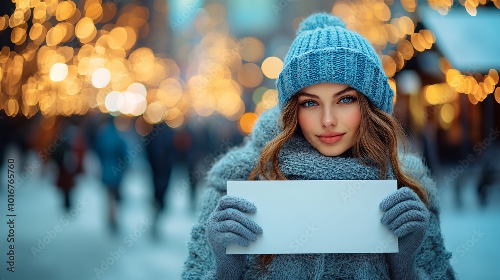 Poster photorealistic with side space for letters a woman holding a blank white sign with golden bokeh ligh