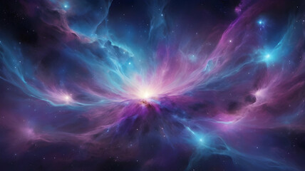 A mesmerizing cosmic vision blending ideas and energy in fluid, abstract forms. Shades of electric colors that flow seamlessly with stars, nebulas, and radiant energy,