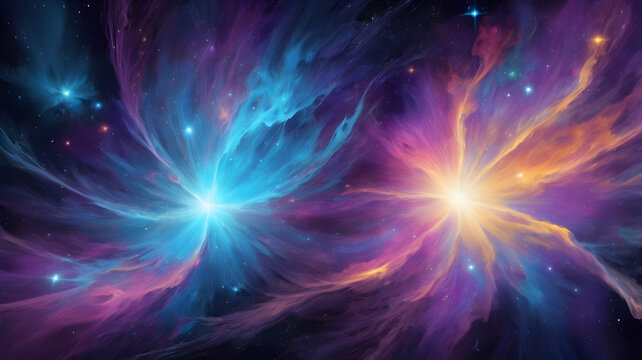 A mesmerizing cosmic vision blending ideas and energy in fluid, abstract forms. Shades of electric colors that flow seamlessly with stars, nebulas, and radiant energy,