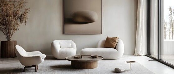 Monochrome Geometric Decor Setup with Sleek Lines and Refined Color Palette   Modern and minimalist interior design with a cohesive gray color scheme clean lines