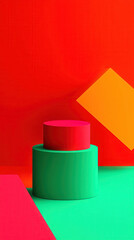 Vibrant geometric shapes in red, green, and yellow create striking visual.