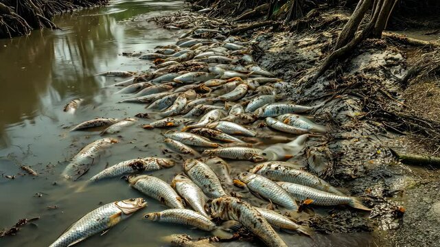 Pollution in river water leading to the death of numerous fish