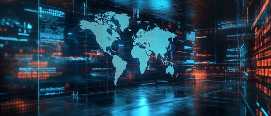 Double exposure of abstract digital world map hologram on empty room interior background, big data and blockchain concept