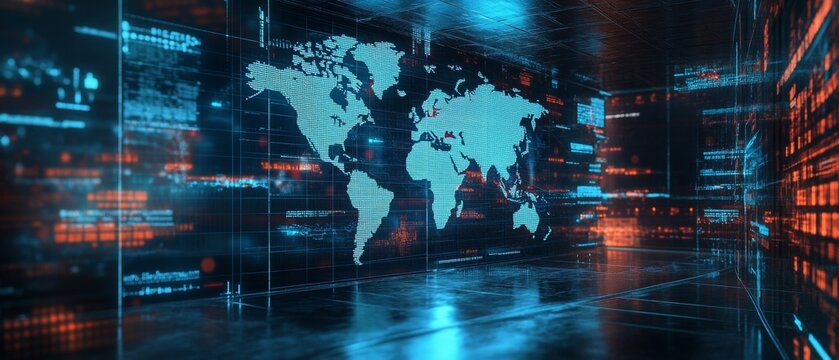 Double exposure of abstract digital world map hologram on empty room interior background, big data and blockchain concept