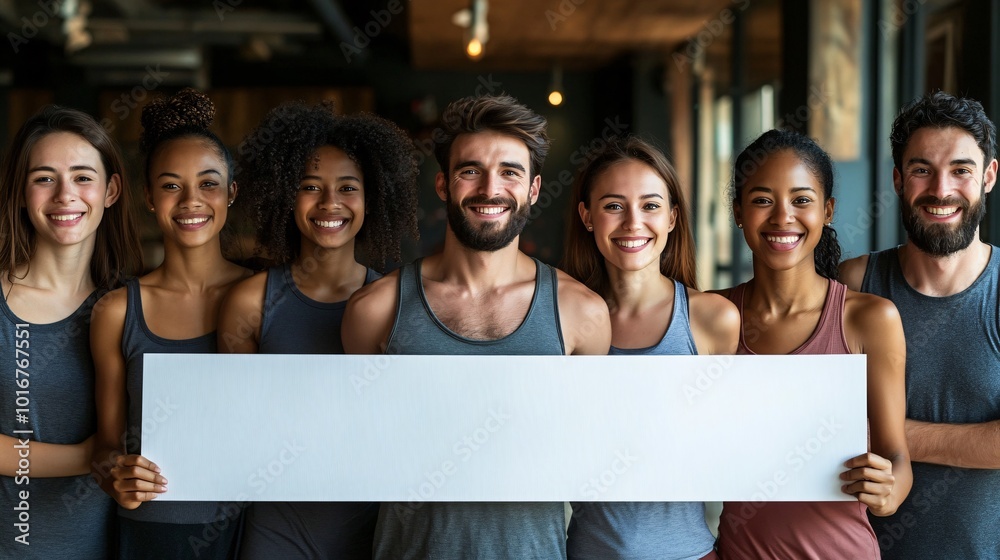 Poster isolated on red color background with side space for letters athletic men and women holding a blank 