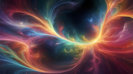 A mesmerizing cosmic vision blending ideas and energy in fluid, abstract forms. Shades of electric colors that flow seamlessly with stars, nebulas, and radiant energy,