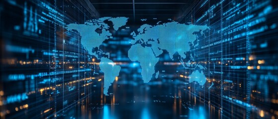 Double exposure of abstract digital world map hologram on empty room interior background, big data and blockchain concept