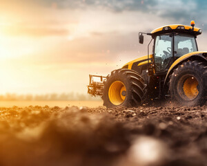 Fototapeta premium Farming tractor working on soil during sunset, showcasing agricultural machinery.
