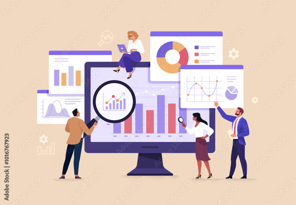 Aufkleber Business Data Concept. Vector illustration in flat style of a large monitor with tabs displaying graphs, chats, and groups of people studying them. Isolated on background
