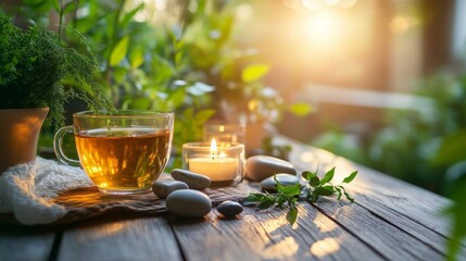 An arrangement of soothing herbal tea, candles, and meditation stones on a natural wooden table