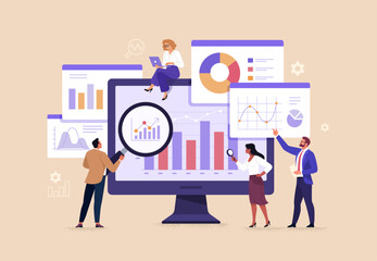 Business Data Concept. Vector illustration in flat style of a large monitor with tabs displaying graphs, chats, and groups of people studying them. Isolated on background
