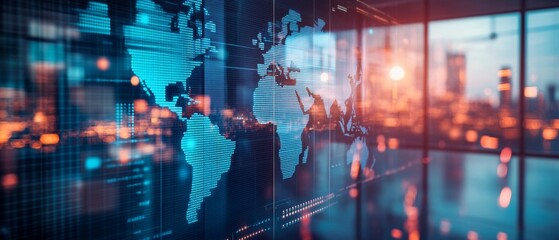 Double exposure of abstract digital world map hologram on empty room interior background, big data and blockchain concept