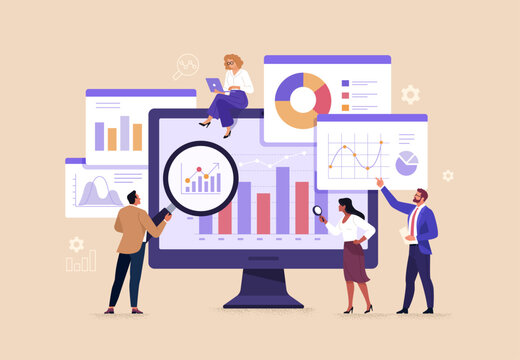 Business Data Concept. Vector illustration in flat style of a large monitor with tabs displaying graphs, chats, and groups of people studying them. Isolated on background