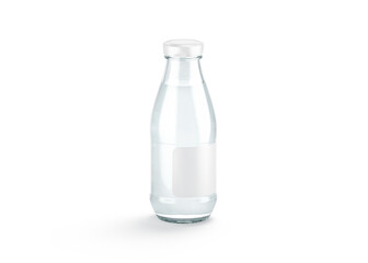 Blank transparent glass water bottle with white label mockup, isolated