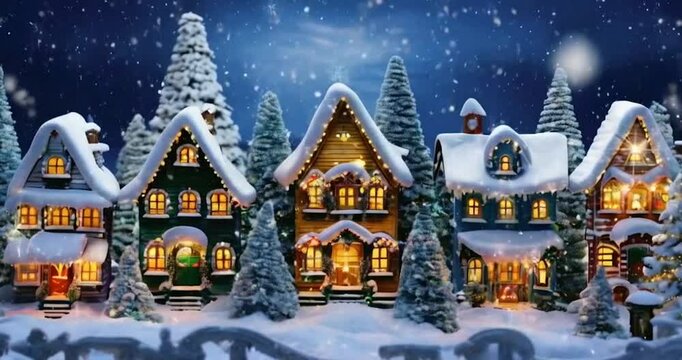 Snowfall over a village with Christmas tree houses generated by AI .