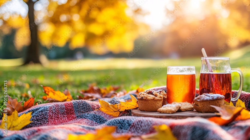 Aufkleber photorealistic with side space for letters outdoor picnic setup with warm blankets hot cider and an 