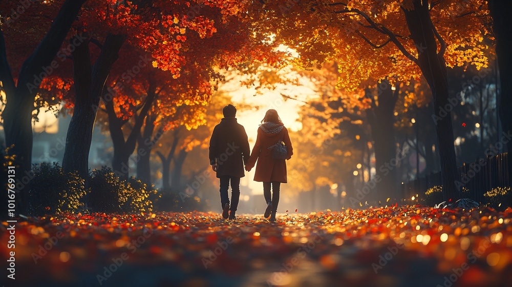 Poster photorealistic with side space for letters couple wrapped in warm coats and scarves walking down a t