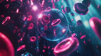 Vibrant artistic rendering of blood cells and cell in dynamic environment, showcasing intricate details and colors of cellular structures. image evokes sense of life and movement