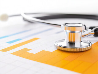 Stethoscope on medical chart with colorful data visualization.