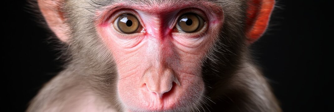  A tight shot of a monkey's face wearing a red hat against a black backdrop