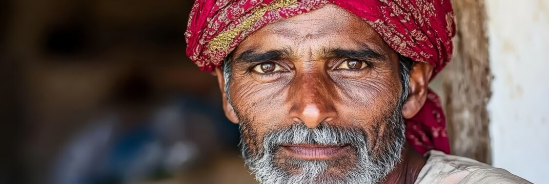  A tight shot of a man with a red turban and a white beard