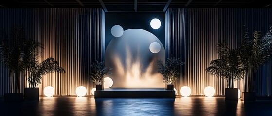 Sleek and modern monochromatic party backdrop featuring abstract shapes minimal design elements and a celebratory atmosphere for events stage or interior decor