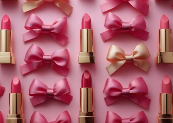 Set of lipsticks and satin bows, romantic pastel pink background