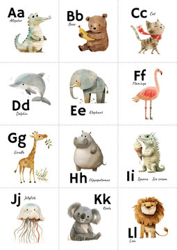 Twelve educational cards for preschool children, which depict letters and illustrations of animals, designed to teach kids the alphabet. Watercolor illustration in pastel colors.