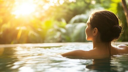 Fototapeta premium A woman relaxes in an outdoor pool enjoying a peaceful moment as the sun shines brightly through tropical trees.