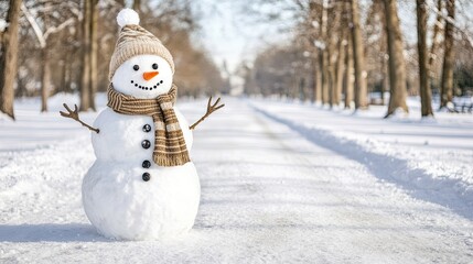 Obraz premium A cheerful snowman with a hat and scarf stands in a sunlit park, creating a joyful winter atmosphere amid soft snow and a peaceful white backdrop