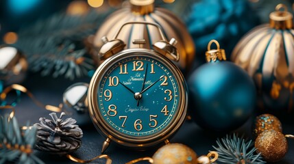 A Vintage Clock Surrounded by Festive Decorations on a Dark Background During the Holiday Season