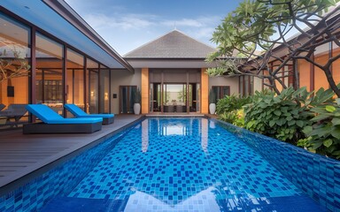 Obraz premium Luxury Outdoor Living with Tile Pool in Modern Australian Home Backyard