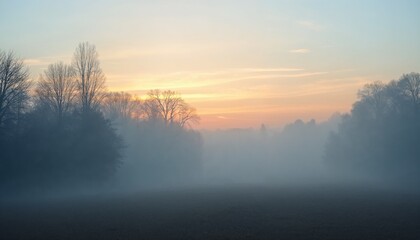 Fototapeta premium Misty sunrise over a field with a hazy backdrop of trees